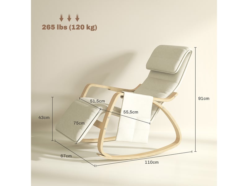  Fauteuil de relaxation avec repose-pieds, lin, 67x110x91cm, crème  - Conforama E