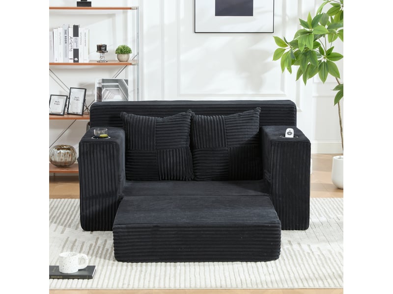  Canapé convertible 2 places modenvie en velours côtelé noir avec deux coussins, support pour gobelet et poches latérales 151 x 133 x 64 cm  - Conforama E