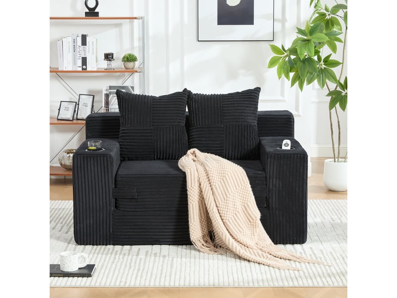 Canapé 2 places vert émeraude en velours côtelé avec pouf, 2 coussins et porte-gobelet - Conforama B