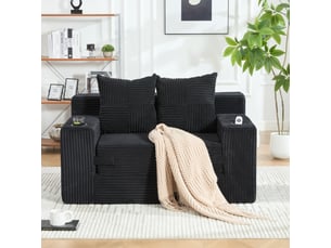 Canapé 2 places vert émeraude en velours côtelé avec pouf, 2 coussins et porte-gobelet