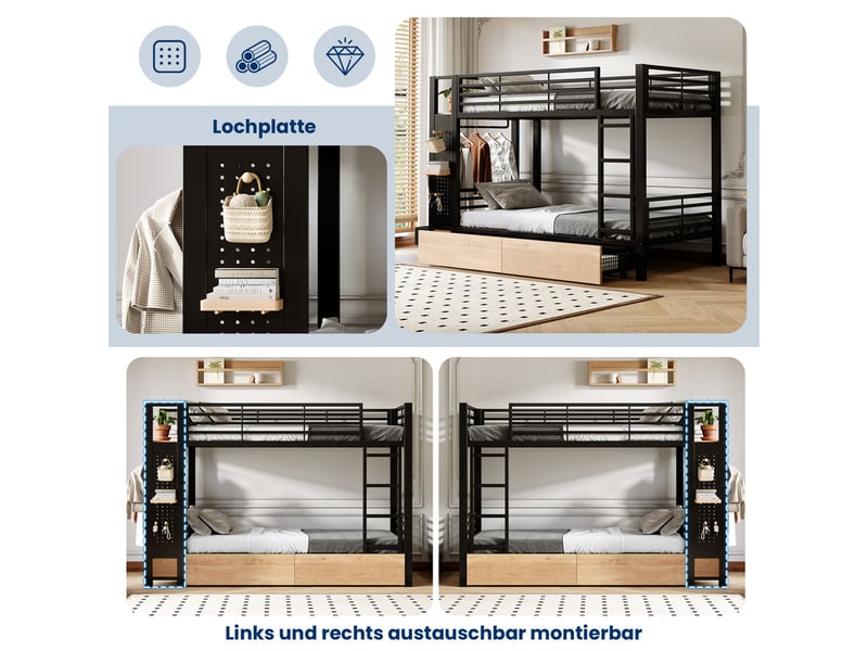  Lit enfant superposé ，90x200 cm， avec tiroirs rangement led， métal， noir  - Conforama E