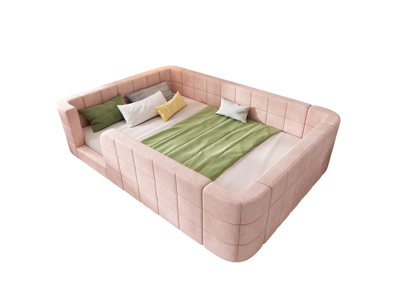 Lit enfant 140 × 190 cm avec barrière rembourrée et entrée basse, sommier à lattes en chenille rose pour chambre - Conforama A