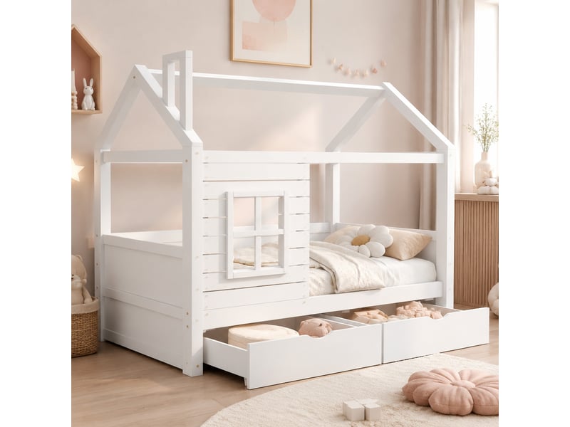  Lit cabane enfant 90 x 200 cm blanc avec protection contre les chutes, sommier à lattes et tiroirs  - Conforama B