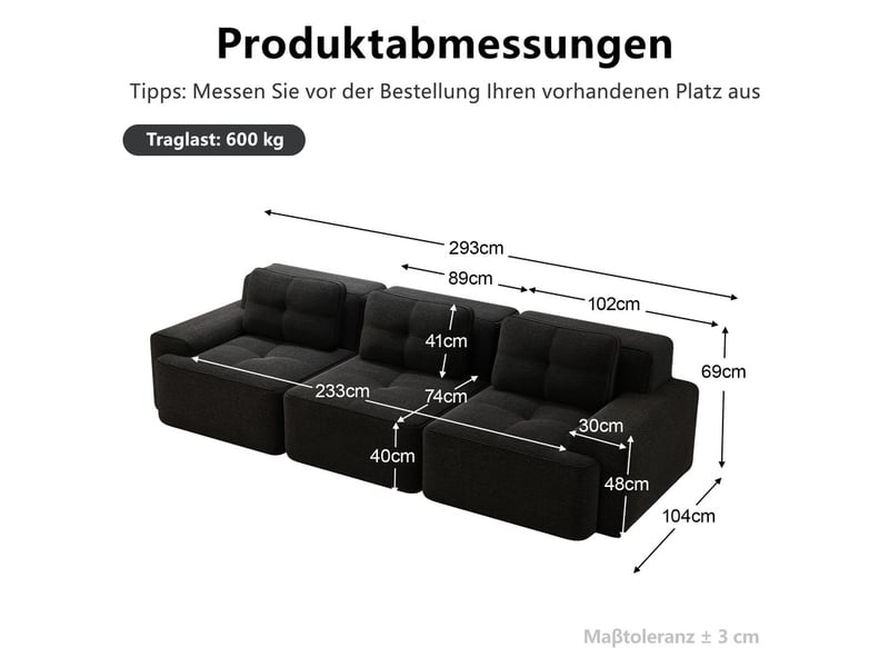  Canapé modulable cloud 3 places noir, angle, sans structure, velours côtelé, assise profonde, sans montage – 293x104x69cm  - Conforama C
