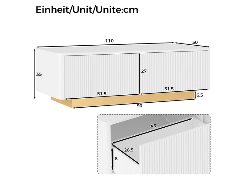  Table basse avec 2 tiroirs et front texturé, espaces de rangement ouverts, coins arrondis pour salon, 110 × 50 × 35 cm, en mdf, blanc  - Conforama D