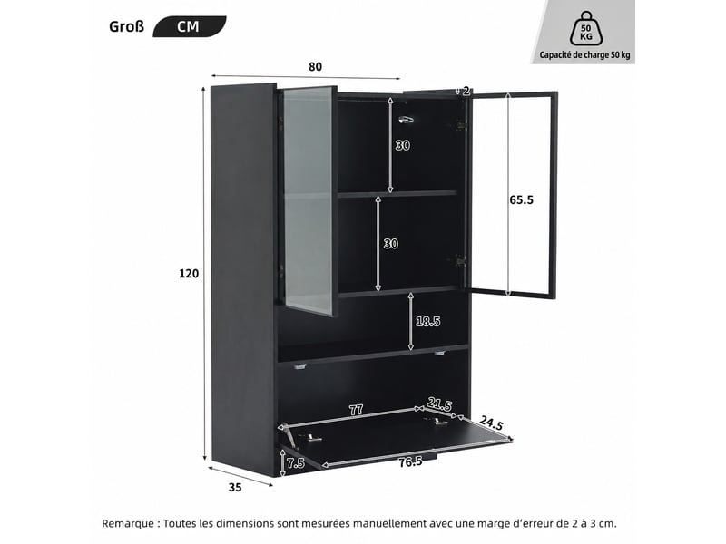 Vitrine noire mate avec éclairage led, portes en verre trempé, 120 x 80 x 35 cm, noir - Conforama D
