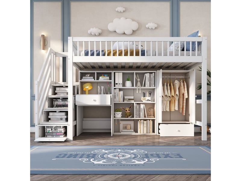  Lit mezzanine 90 x 200 cm avec bureau intégré, armoire, étagères et escalier de rangement en bois massif - gain de place - blanc  - Conforama B
