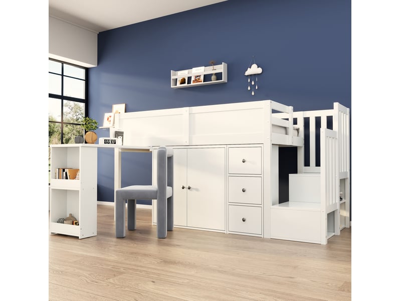 Lit combiné enfant 90x200cm, 3 tiroirs, escalier et sommier, armoire de 2 portes, espace de rangement, bureau intégré, mdf blanc, sans matelas - Conforama D