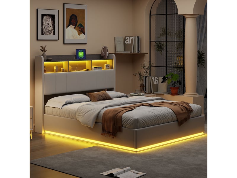  Lit coffre 140x190 cm avec led,usb et type-c, lit adulte avec sommier à lattes, lit double moderne, blanc,velours  - Conforama E