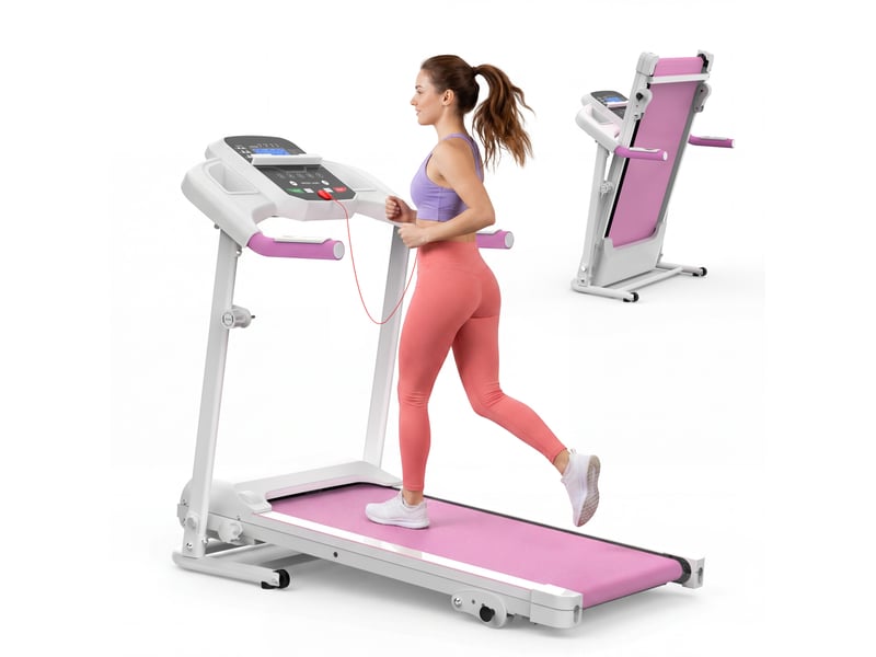  Tapis de course 123x64x119,5 cm pliable à inclinaison en métal blanc et rose  - Conforama A