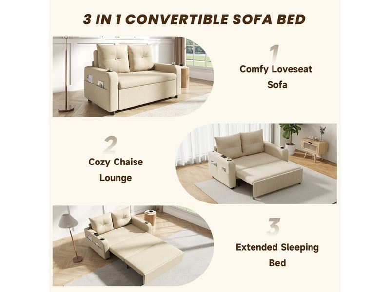Canapé convertible 3 en 1, canapé lit 2 places en tissu beige, avec ports usb et porte-gobelets, pour salon et chambre, 131x81x94cm - Conforama E