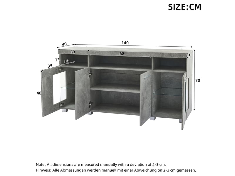  Buffet bas modenvie gris effet béton 140 x 40 x 70 cm avec led et 4 portes vitrées  - Conforama C