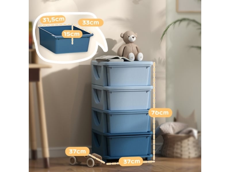 Boîte rangement enfant bleue, 4 tiroirs en plastique, bords arrondis, design surélevé - Conforama C