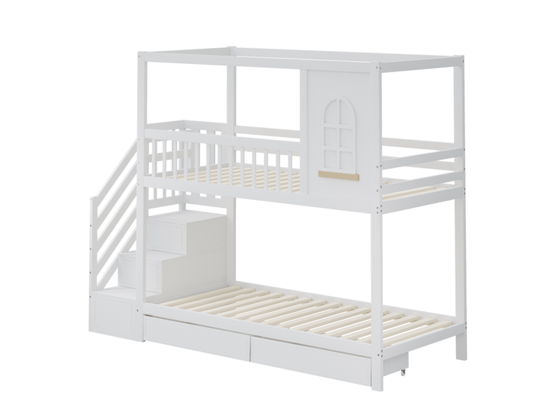  Lit superposé enfant 90x200 cm forme maison avec fenêtres, tiroirs et échelle de sécurité bois blanc sans matelas  - Conforama A