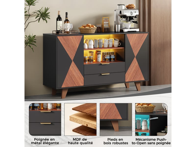 Buffet 4 portes 2 tiroirs en mdf avec éclairage led rgb, 150 x 40 x 90 cm, noir et bois naturel - Conforama R