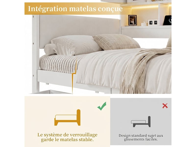  Lit enfant 90x200 avec rangement mdf blanc - tête rembourrée pu led usb  - Conforama D