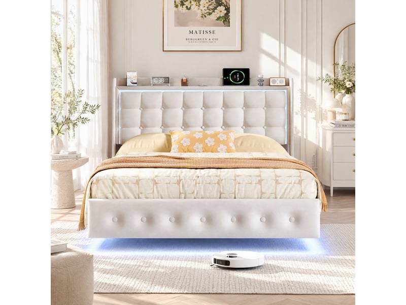  Lit double 160x200 cm, cadre de lit adulte, cadre flottant avec led et ports usb, tête de lit rembourrée avec espace de rangement ouvert, blanc  - Conforama E