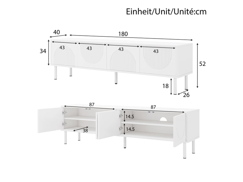  Meuble tv bas moderne 180 cm, surface mate, gestion des câbles, design minimaliste, blanc  - Conforama C
