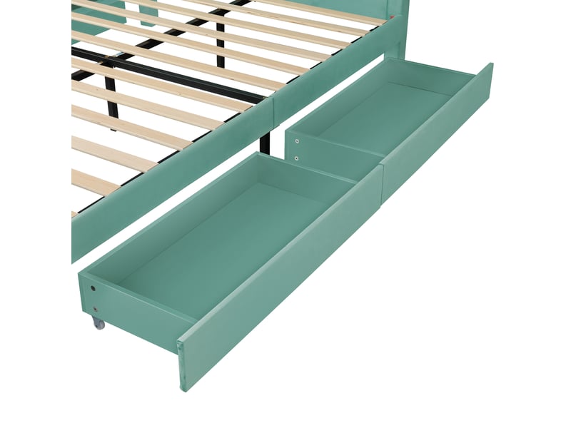  Lit enfant 140 × 200 cm 1 place avec 4 tiroirs et tête de lit maison, sans matelas, en velours bleu canard  - Conforama E