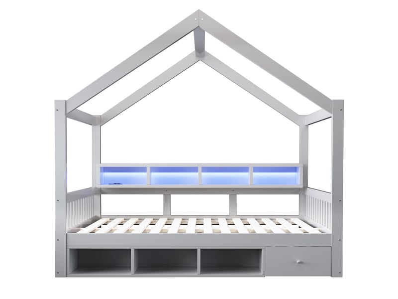  Lit cabane 140x200 cm, lit enfant avec rangements, led et prise, gris, sans matelas  - Conforama R