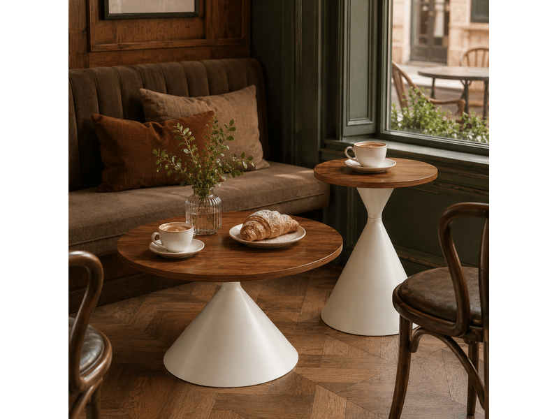 Lot de 2 tables basses rondes en mdf mélaminé bois foncé, pieds acier carbone crème, 70 cm et 50 cm, design moderne - Conforama E