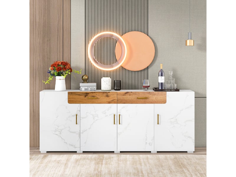 Buffet 4 portes 2 tiroirs meuble tv 208 cm blanc marbré et chêne - Conforama B