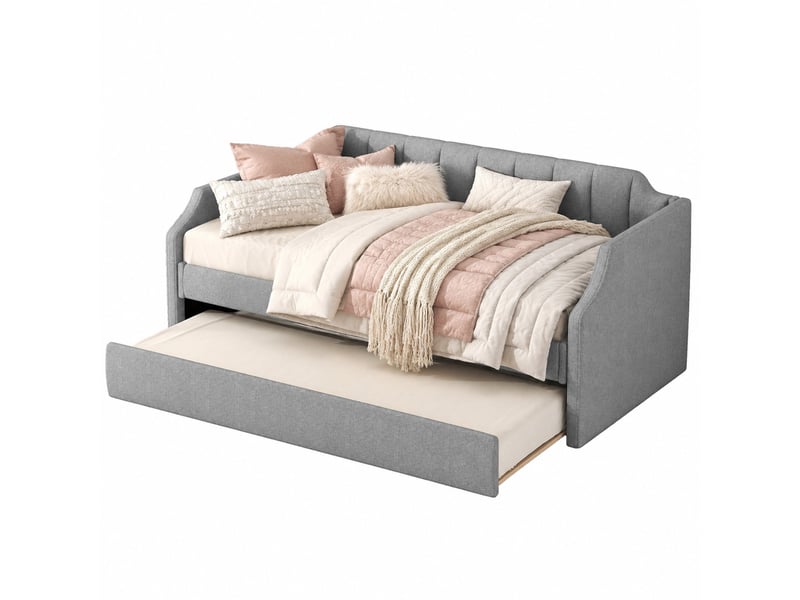 Lit banquette simple 90×200 cm avec lit gigogne 90×190 cm  - roulettes, sans matelas, tissu gris  - Conforama A