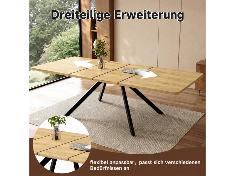 Table à manger extensible 160-240x90 cm pour 6 à 10 personnes, 3 longueurs, pieds métal, plateau mdf effet chêne, pour salle à manger  - Conforama E