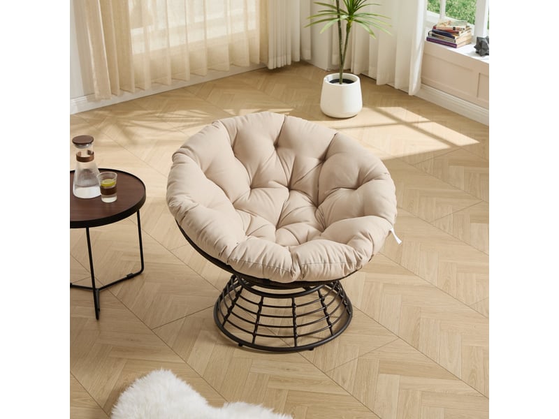  Fauteuil papasan pivotant à 360° en résine tressée - diamètre 92cm - chaise ergonomique avec coussin épais - marron et beige  - Conforama C