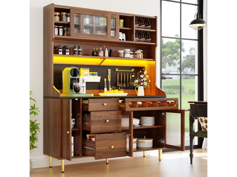  Armoires hautes 145×39×171cm pour le salon, tiroir avec casier à bouteilles, buffet salle a manger avec éclairage led, couleur noyer  - Conforama B