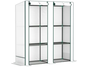 Serre de jardin à toit incliné 144x48x152142 cm – blanche – double porte enroulable et étagères 3 niveaux