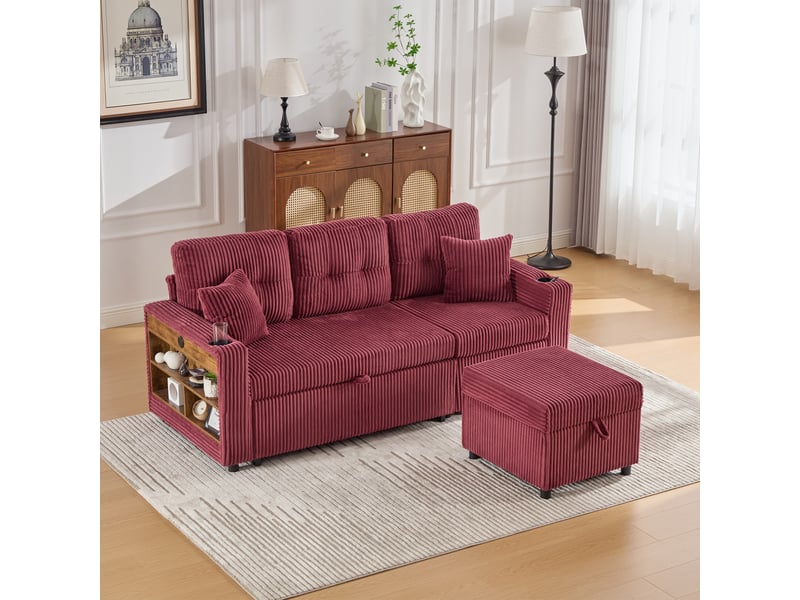  Canapé de salon, canapé velours – en velours tricoté, avec accoudoirs, port usb, avec rangement, lit gigogne, porte-gobelets  - Conforama C