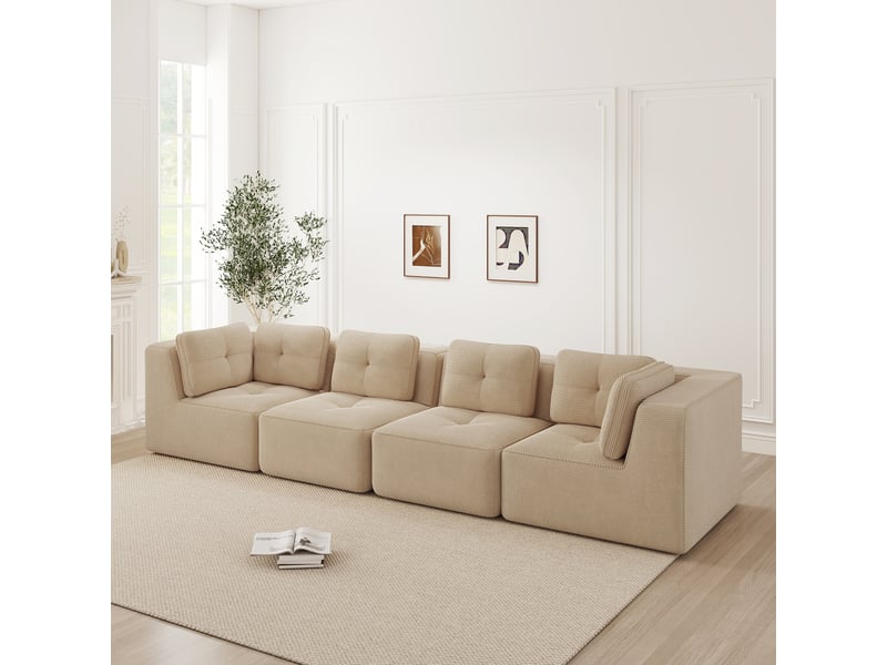 Canapé d'angle modulaire 4 places avec assise profonde, larges accoudoirs et base antidérapante en velours côtelé beige - Conforama B