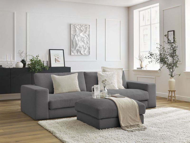  Bobochic canapé droit fixe 3 places leonard velours côtelé avec pouf gris foncé LEONARD - Conforama B