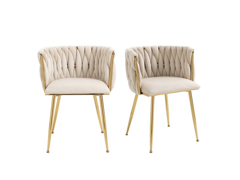  Chaise de salle à manger tcqpz lot de 2 en velours ivoire, dossier arrondi tressé, pieds métalliques dorés, 74 cm  - Conforama A