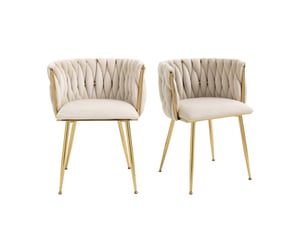 Chaise de salle à manger tcqpz lot de 2 en velours ivoire, dossier arrondi tressé, pieds métalliques dorés, 74 cm