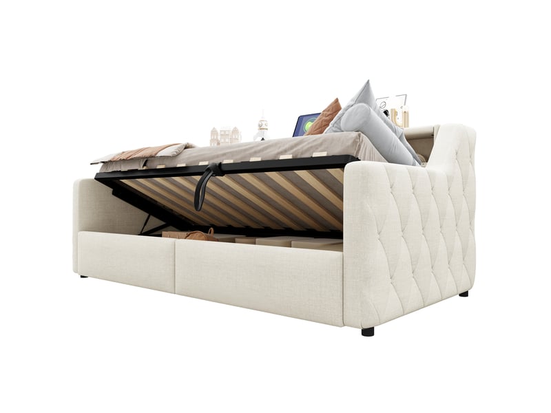  Lit coffre 90x200 cm, lit enfant, couchage d'appoint, rangement hydraulique, led, usb et usb-c, lin beige  - Conforama W