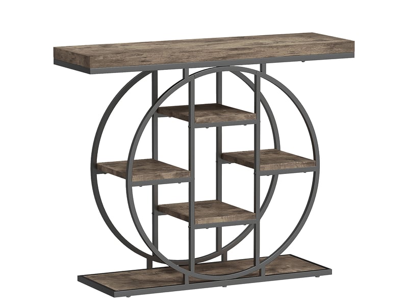  Console design industriel arrondi 5 étagères épais plateau métal noir effet bois  - Conforama A