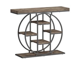 Console design industriel arrondi 5 étagères épais plateau métal noir effet bois
