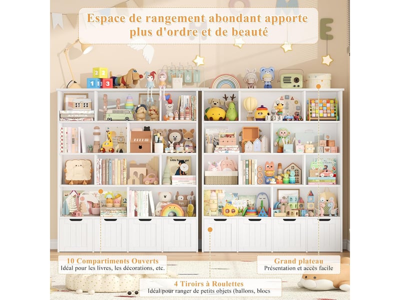  Meuble de rangement enfant bibliothèque enfant avec 11 étagères 4 tiroirs roulants rangement jouet 125.5x33x146cm blanc  - Conforama D
