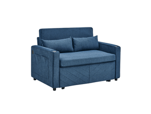 Canapé 2 places, avec fonction couchage, avec ports usb, en tissu et bois, coloris bleu marine, l195 x p134 x h73 cm, design moderne