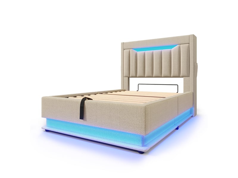  Lit enfant 90x200 cm – beige – rangement hydraulique, led, usb et type-c intégrés, avec matelas inclus  - Conforama D