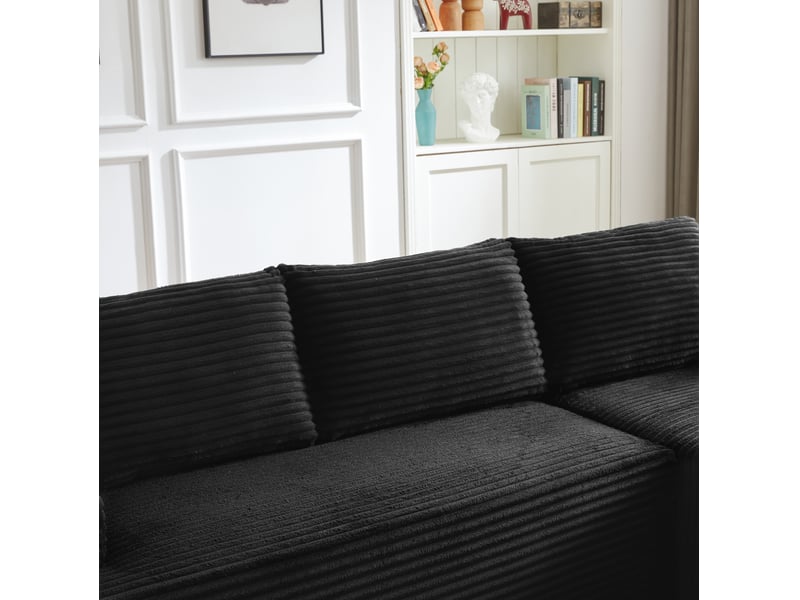  Canapé d'angle modulable 4 places noir en velours côtelé, assise profonde et méridienne à droite  - Conforama E