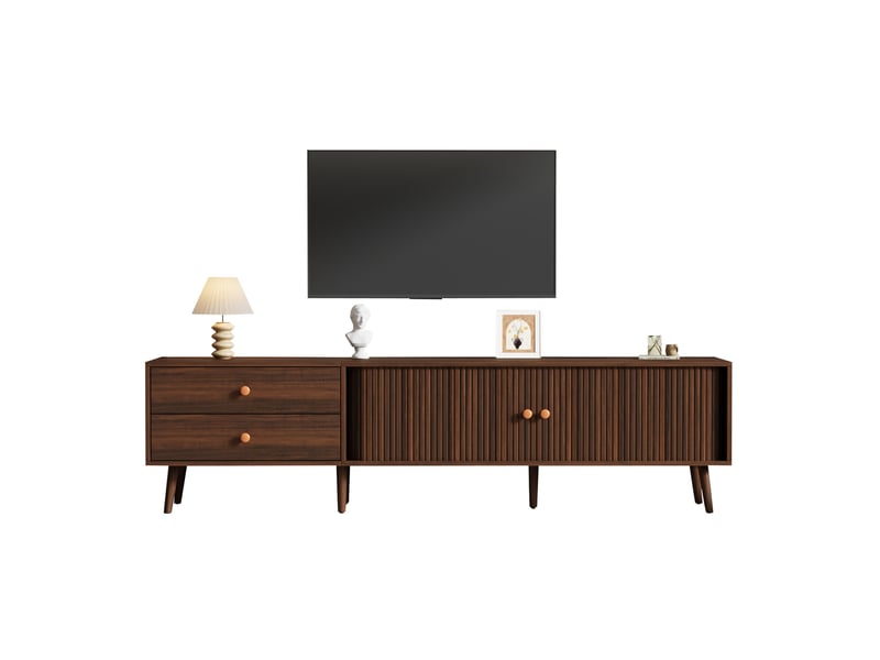  Meuble tv ulevr 180 x 40 x 46,5 cm avec rangement, 2 tiroirs et 2 portes à rideau, mdf coloris noyer, jusqu’à 80 pouces  - Conforama A