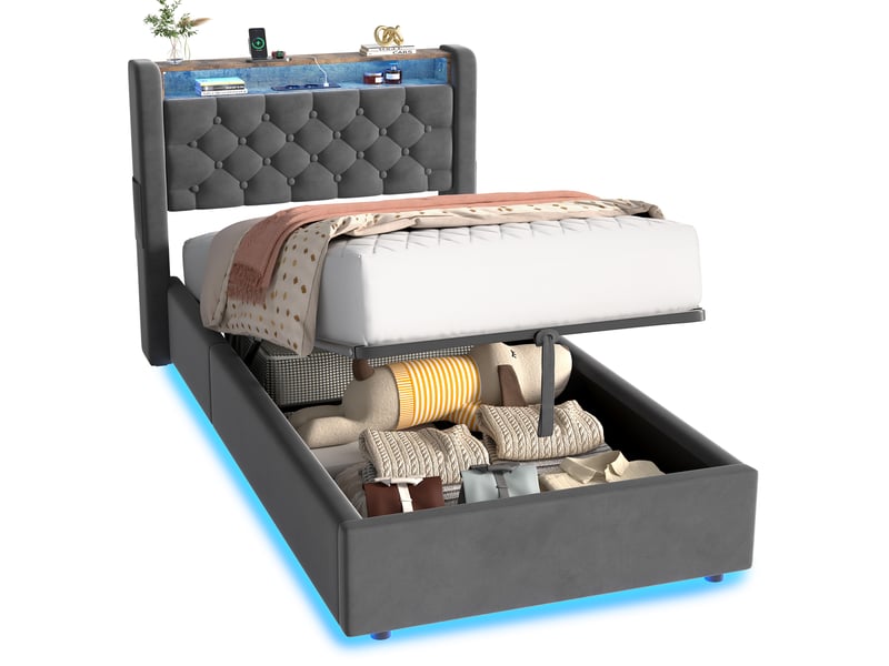 Lit coffre 90x190 cm avec tiroirs de rangement et prise - revêtement en velours gris foncé, structure métal et bois - Conforama A