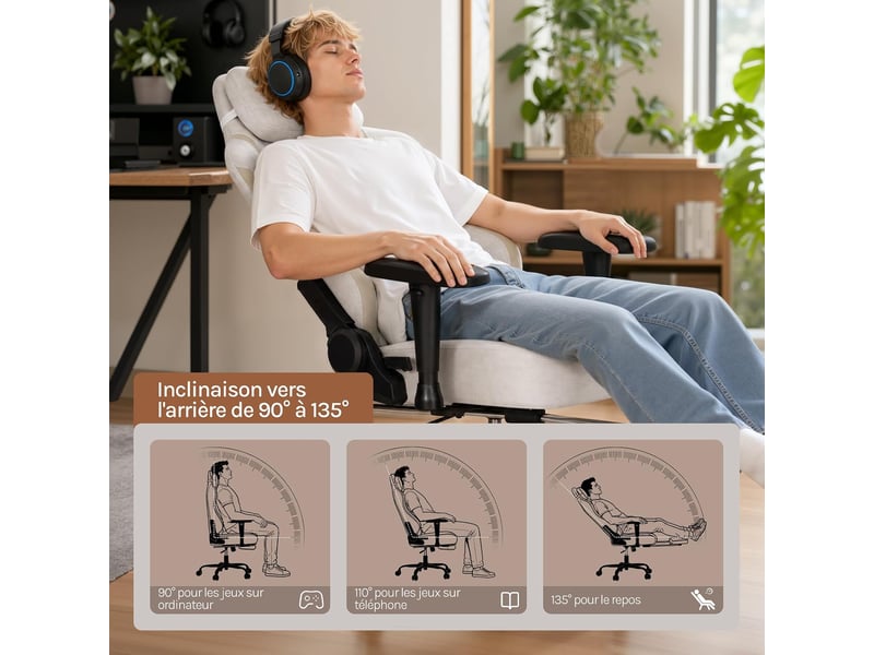  Chaise gaming, avec dossier inclinable appui-tête,repose-pieds rétractable, en maille, blanc crème  - Conforama E