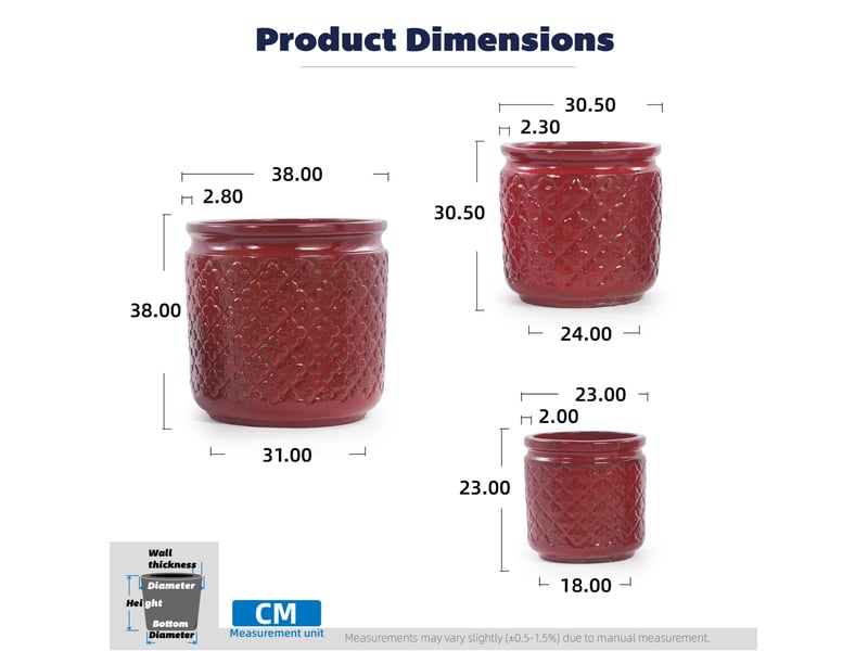  Set de 3 pots de fleurs en céramique ø 3830,523 cm – rouge lie-de-vin brillant – drainage extérieur  - Conforama C