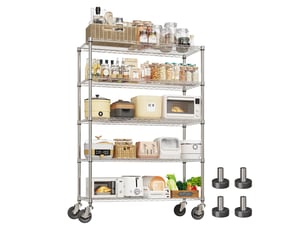 Rayonnage métallique étagère chromée ultra-résistante 5 niveaux, 4 roulettes, 119x46x180cm, cuisine garage cellier bureau pro