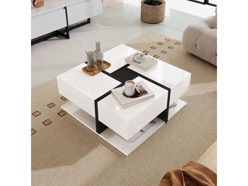  Table basse carrée noire et blanche brillante avec 4 tiroirs, 78 x 78 x 36 cm  - Conforama E