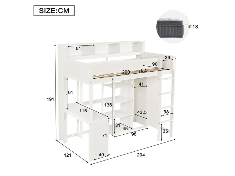  Lit superposé enfant blanc 90 x 200 cm avec bureau, armoire et rangements  - Conforama E